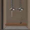 Two Silver Kitchen Range Hoods Mounted on Wooden Walls with Shelf and Dried Branch Decorations