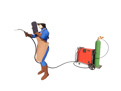 Woman In Blue Top Brown Apron Welding With Torch Red Equipment Green Gas Cylinder Nearby 3d model
