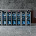 Modern Server Racks With Blue LED Lights In Data Center Environment