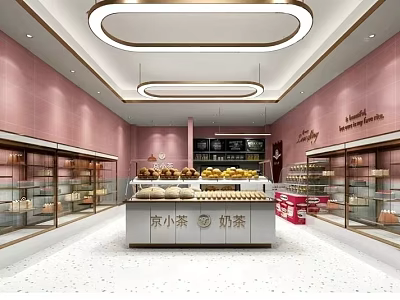 Bright Pink Dessert Shop Interior With Glass Display Cases Central Counter And Ceiling Lights 3d model