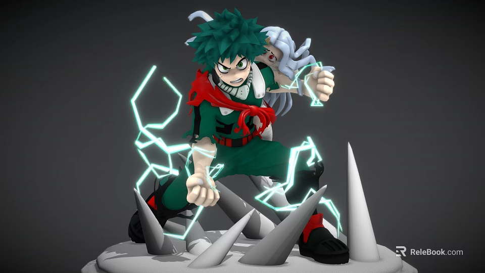 Izuku Midoriya Action Figure With Green Hair Red Scarf And Lightning Effects 3d model 