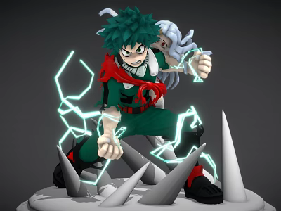 Izuku Midoriya Action Figure With Green Hair Red Scarf And Lightning Effects 3d model