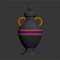 Sculpture Carving of Decorative Gray Vase With Orange Handles And Purple Orange Bands