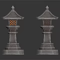 Traditional Japanese Style Stone Lanterns With Hexagonal Pedestal And Lattice Light Design