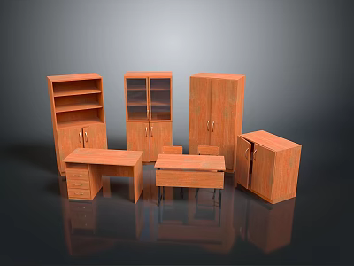 Brown Wooden Dining Table With Bookcase Glass Door Cabinet And Other Wooden Furniture 3d model