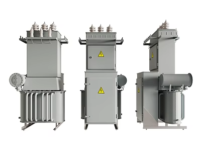 Three Industrial Power Transformers With Cooling Fins Terminal Covers And Safety Labels 3d model
