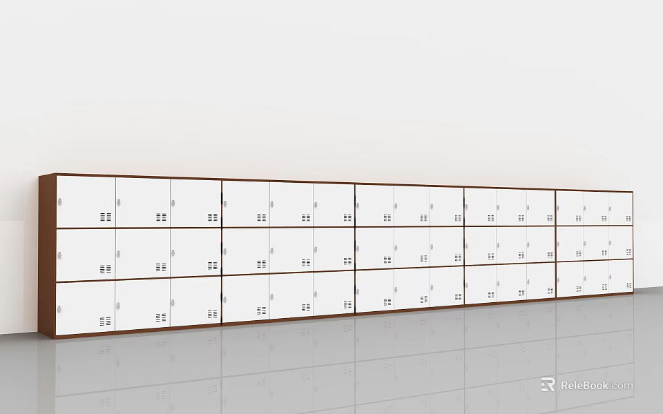 Public Storage Lockers With White Panels And Brown Frames In Row Arrangement 3d model 