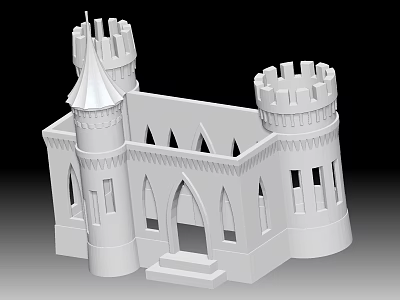 Ancient Architecture Castle Model With Towers Pointed Roofs And Arched Windows 3d model