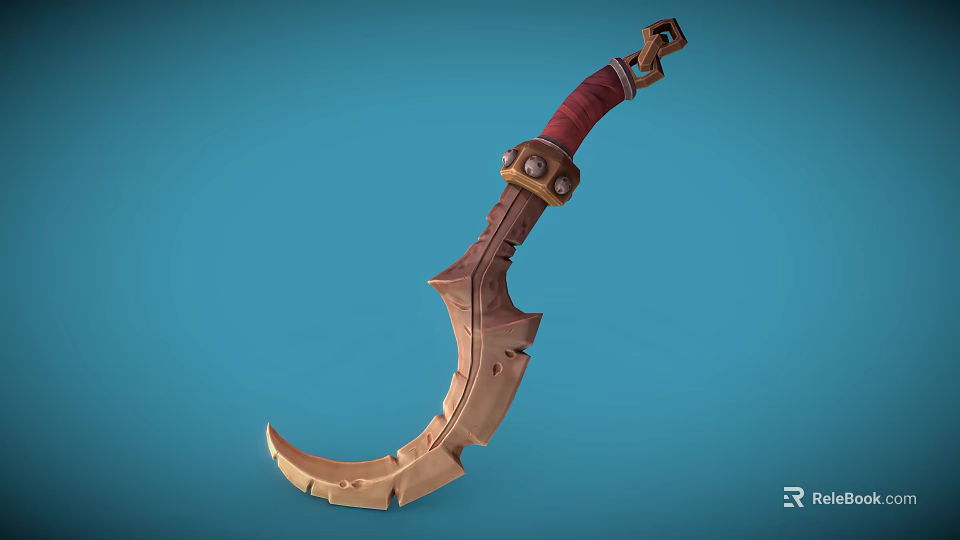 Ornate Curved Blade Weapon With Red Hilt Wooden Carved Edge And Decorative Metal Accents 3d model 