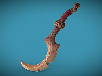 Ornate Curved Blade Weapon With Red Hilt Wooden Carved Edge And Decorative Metal Accents 3d model