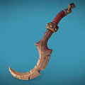Ornate Curved Blade Weapon With Red Hilt Wooden Carved Edge And Decorative Metal Accents