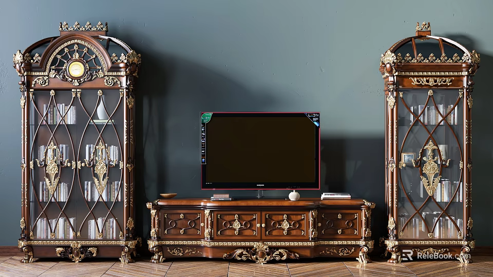 Classical Wooden TV Stand With Ornate Carved Details Gold Accents And Display Cabinets 3d model 