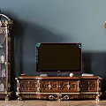 Classical Wooden TV Stand With Ornate Carved Details Gold Accents And Display Cabinets