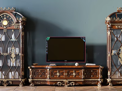 Classical Wooden TV Stand With Ornate Carved Details Gold Accents And Display Cabinets 3d model