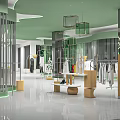 Modern Clothing Store With Green Ceiling White Floor Metal Decor Display Racks Mannequins And Lamps