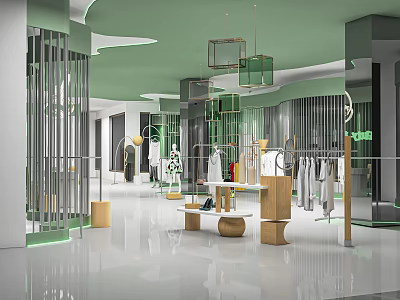 Modern Clothing Store With Green Ceiling White Floor Metal Decor Display Racks Mannequins And Lamps 3d model