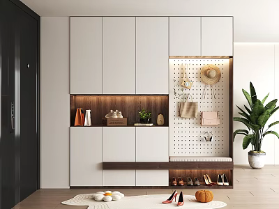 Modern Shoe Cabinet Interior Design With White Storage Pegboard Decorative Items And Potted Plant 3d model