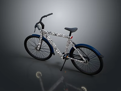 Modern Designed Bicycle Featuring Black And White Patterned Frame Blue Wheels And Black Seat 3d model