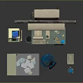 Office Interior Setup With Brick Wall Air Conditioner Clock Bookshelf Printer Computer Desk And Chair