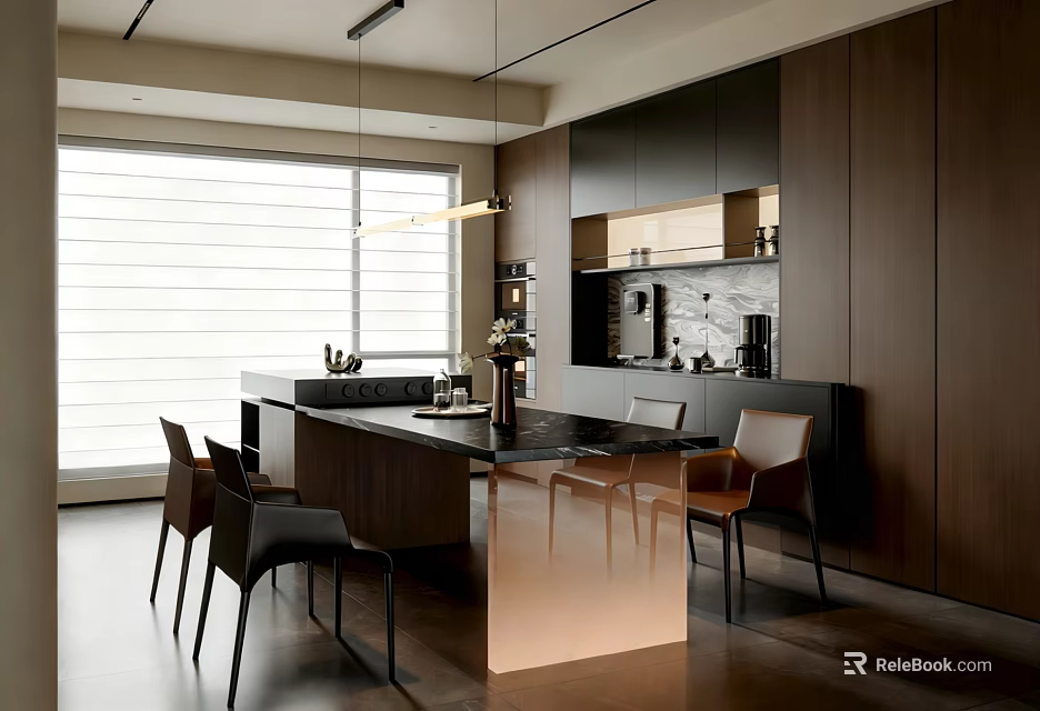 Elegant Modern Restaurant Interior With Wooden Dining Table Metallic Chairs And Pendant Lighting 3d model 