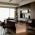 Elegant Modern Restaurant Interior With Wooden Dining Table Metallic Chairs And Pendant Lighting