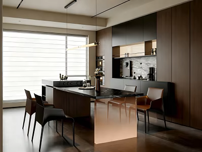 Elegant Modern Restaurant Interior With Wooden Dining Table Metallic Chairs And Pendant Lighting 3d model