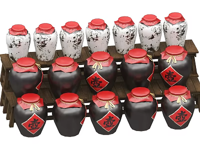 Ceramic Jars With Red Lids Black White Patterns And Double Happiness Symbols 3d model