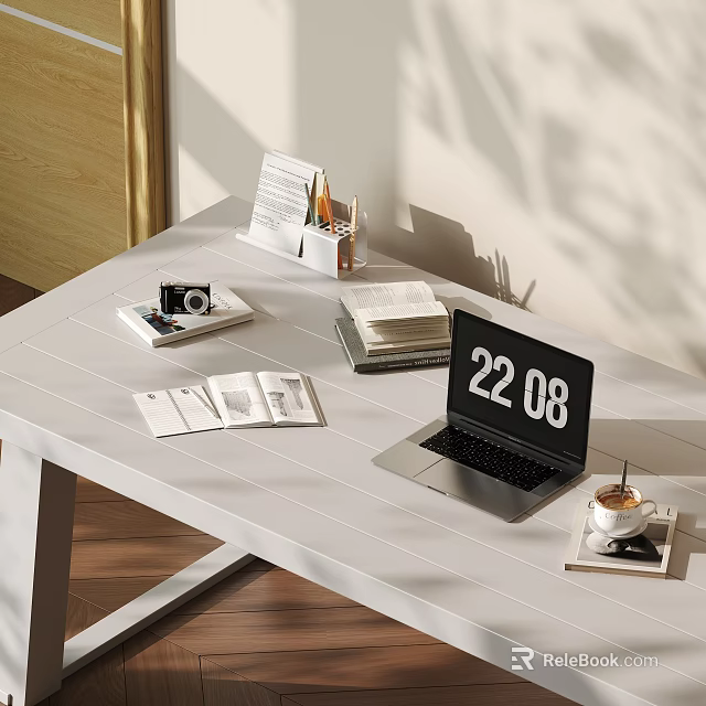 Open Laptop Showing Time on White Desk with Book Camera Magazines and Coffee Cup 3d model 