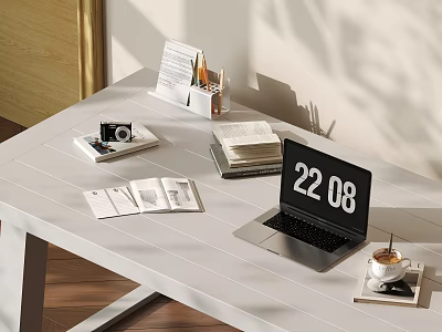 Open Laptop Showing Time on White Desk with Book Camera Magazines and Coffee Cup 3d model