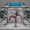 Smart Robot Standing In Futuristic Tech Environment With Metallic Door Mechanical Structures And Blue Screen 3d model