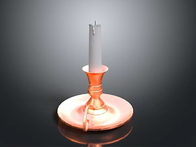 Copper Candlestick Holder With Burned Gray Candle On Reflective Base 3d model