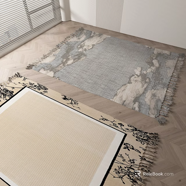 Square Area Rugs With Fringes And Patterns On Herringbone Floor 3d model