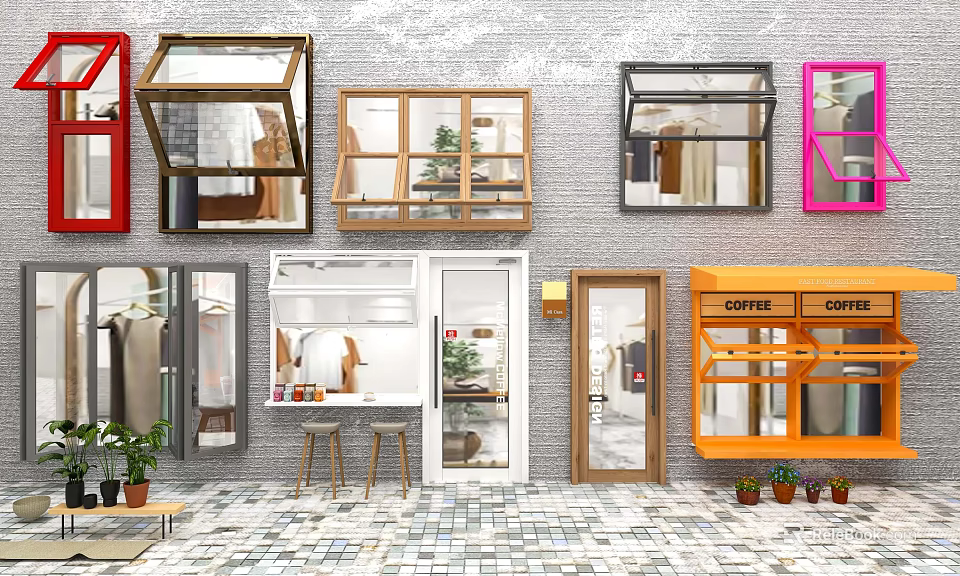 Various Window And Door Designs With Colorful Frames And Coffee Shop Elements 3d model