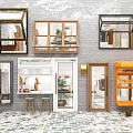 Various Window And Door Designs With Colorful Frames And Coffee Shop Elements 3d model