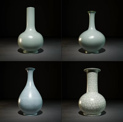 Ceramic Vases Showcasing Light Blue Green Hues And Crackle Texture Patterns 3d model