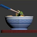 Ceramic White Bowl With Blue Patterns On Red Wooden Mat For Daily Household Use