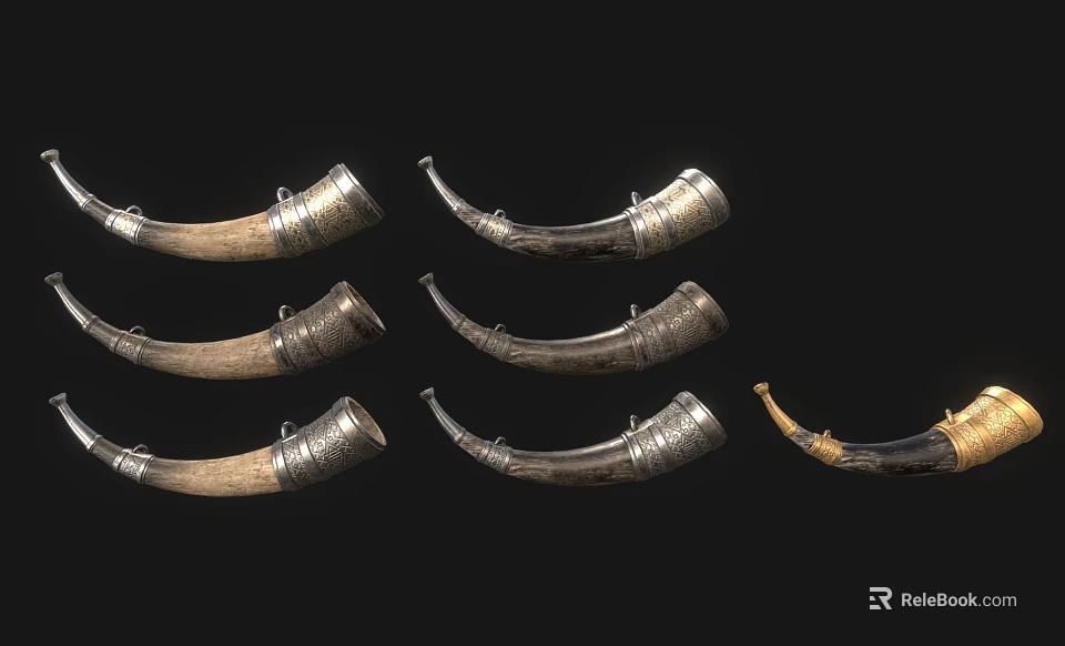 Vintage Nordic Style Decorative Horn Ornament Set With Natural Tones And Metal Accents 3d model 