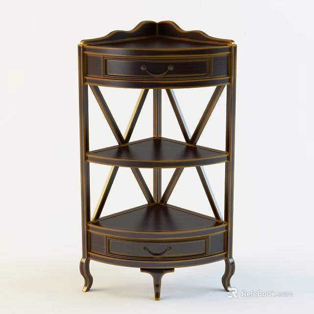 Elegant Dark Wood Entryway Cabinet Side Cabinet With Gold Trim And Multi Tiered Shelves 3d model 