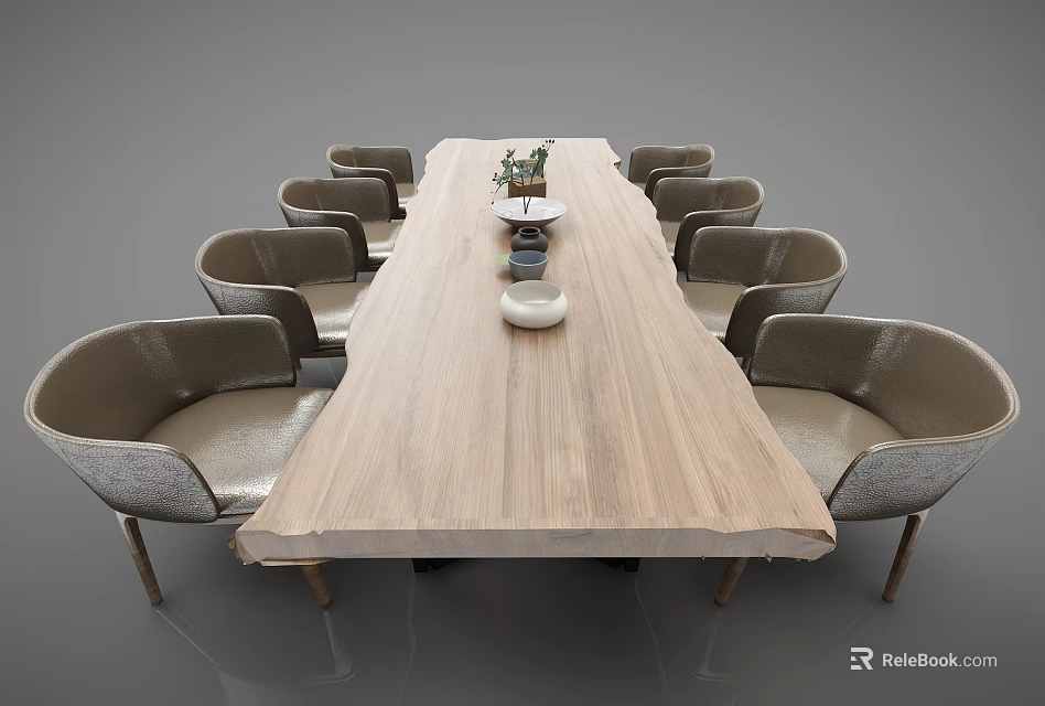 Modern Wooden Tea Table And Leather Chairs Set With Vase And Bowl Decor 3d model 