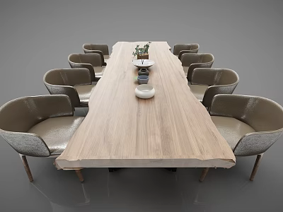 Modern Wooden Tea Table And Leather Chairs Set With Vase And Bowl Decor 3d model