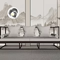 Modern Chinese Style Double Sofa With Beige Cushions Wooden Frame And Mountain Landscape Painting