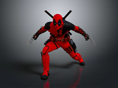 Deadpool in Red Black Costume with Samurai Swords and Clawed Hands Fighting Stance 3d model