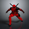 Deadpool in Red Black Costume with Samurai Swords and Clawed Hands Fighting Stance