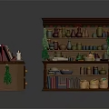 Wooden Kitchen Storage Cabinets And Shelves With Decorative Bottles Jars Books Plants