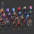 Multiple Detailed Game Characters With Colorful Costumes And Unique Weapons
