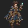 Man Wearing Blue Steampunk Coat With Gold Trim Brown Belt Holding Gun And Leather Boots