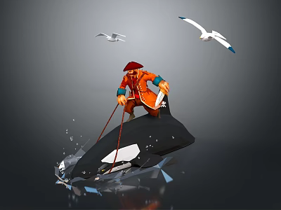 Pirate in Red Hat and Orange Outfit Riding Orca with Seagulls Flying and Water Splashes 3d model