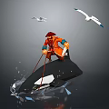 Pirate in Red Hat and Orange Outfit Riding Orca with Seagulls Flying and Water Splashes