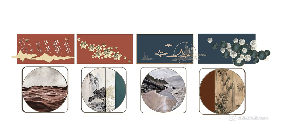 Elegant Wall Hangings With Nature Scenes Chinese Patterns And Round Square Frames 3d model