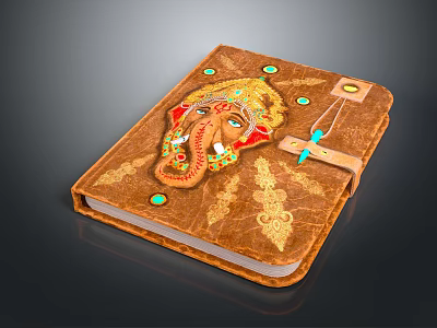 Handcrafted Brown Leather Notebook With Ganesha Decoration Gold Embroidery And Green Gemstones 3d model